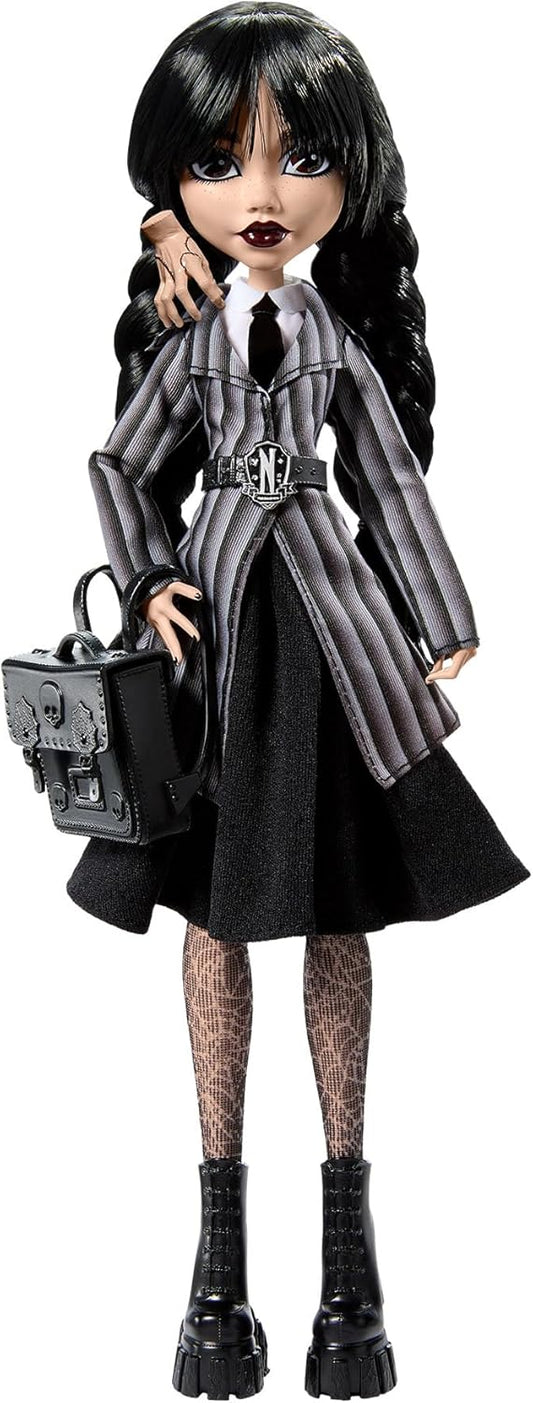 Monster High Wednesday Doll and Accessories, Wednesday Addams Collectible in Nevermore Academy Uniform with Thing and Backpack, Doll Stand, HXJ04