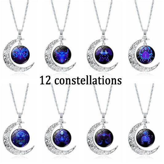 12 Constellation Zodiac Sign Moon Glass Necklace