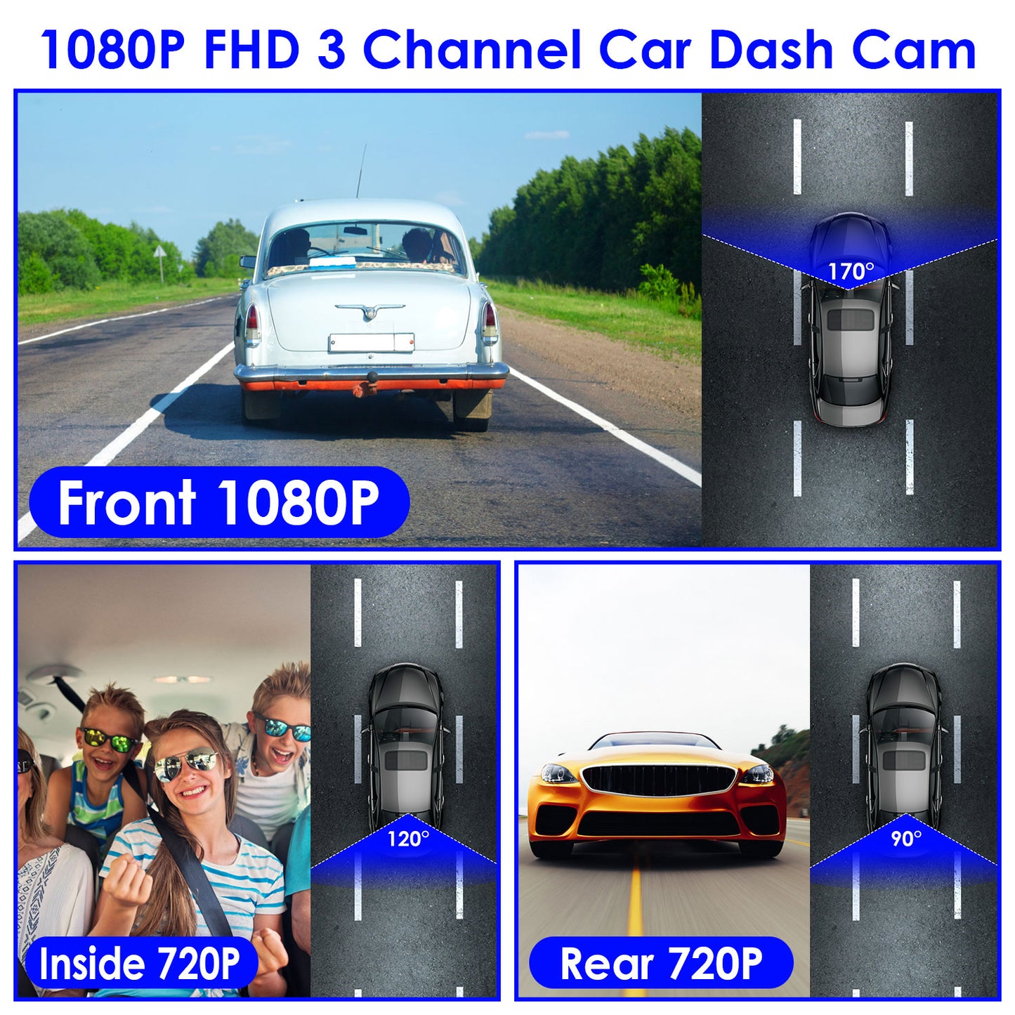 1Pc WiFi FHD 1080P Car Dash Cam – 3 Channels Front, Rear & Inside with Loop Recording & Reversing Visual - Dash Video Cameras | Buy Online in UK