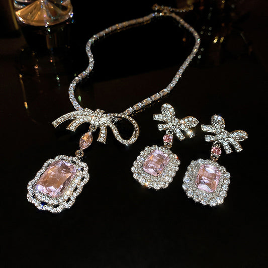 Zircon Square Bow Necklace Earring Set