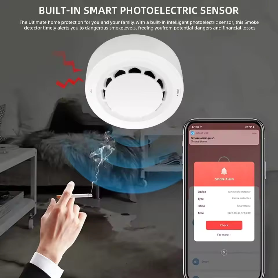 ONENUO Tuya WiFi Smoke Detector – Smart Photoelectric Fire Alarm Sensor for Home & Kitchen Security, Works with Smart Life App