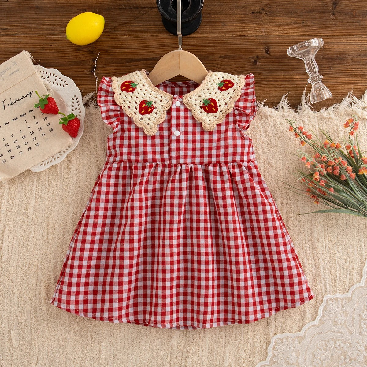 Cute Baby Girl Summer Dress Red Checkered Cotton Strawberry Lapel Beach Outfit