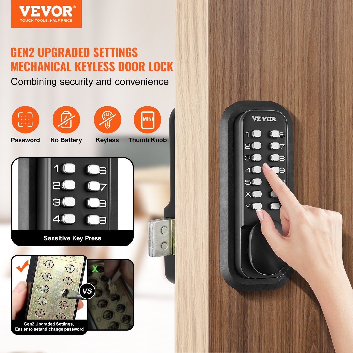 Mechanical Keyless Entry Door Lock, 14 Digit Keypad, Outdoor Gate Door Locks Set