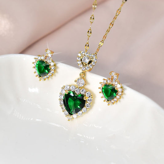 Women's Green Zircon Heart Set Necklace