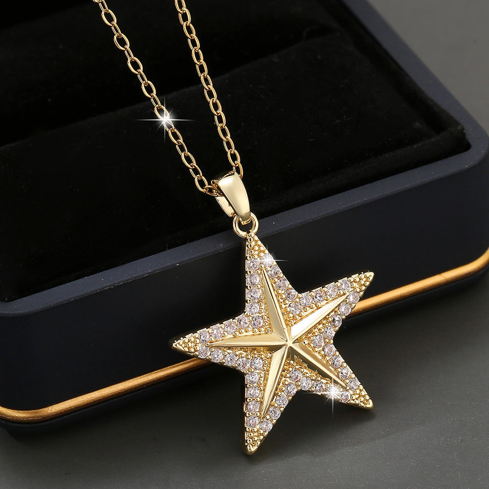 14K Micro-Set Zircon Five-Point Star Pendant Necklace