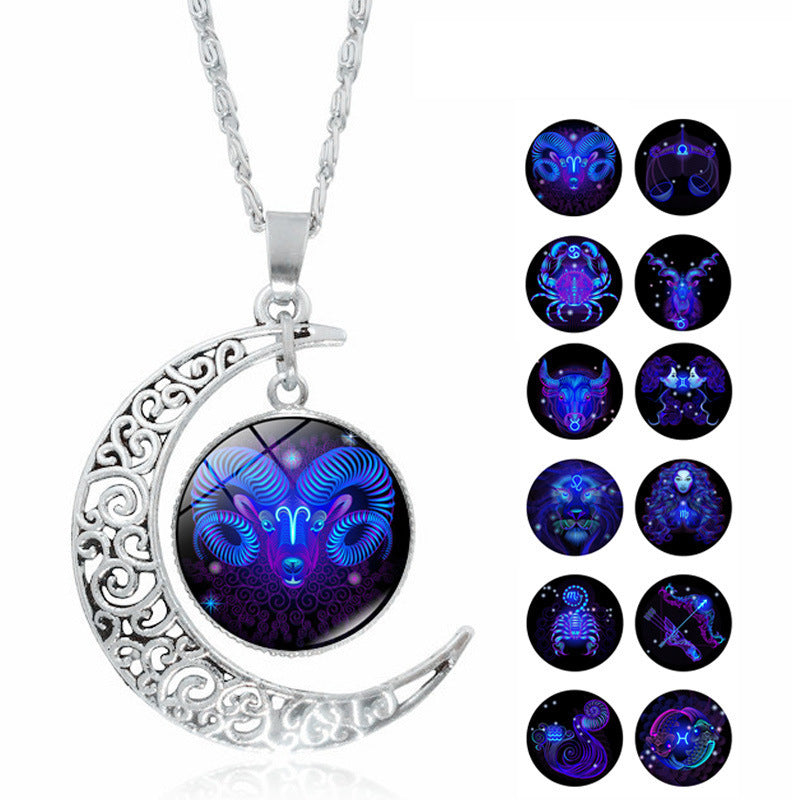 12 Constellation Zodiac Sign Moon Glass Necklace