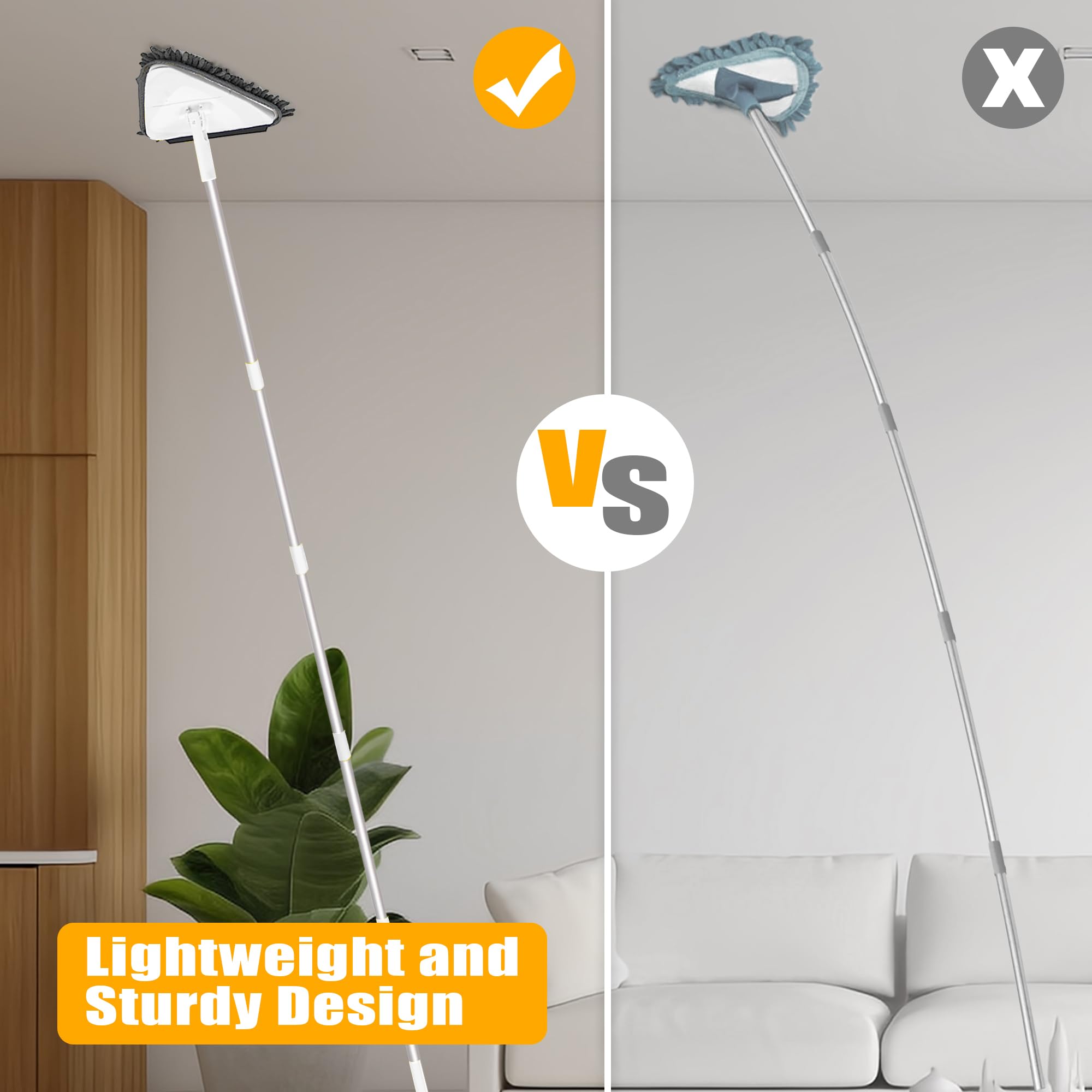 JEHONN Wall Mop with Long Handle 202 cm, Upgraded 180° Collapsible Baseboard Cleaner Tool with Squeegee, Ceiling Duster with 3 Microfiber and 3 Chenille Pads for Cleaning Window, Cabinet (Yellow)