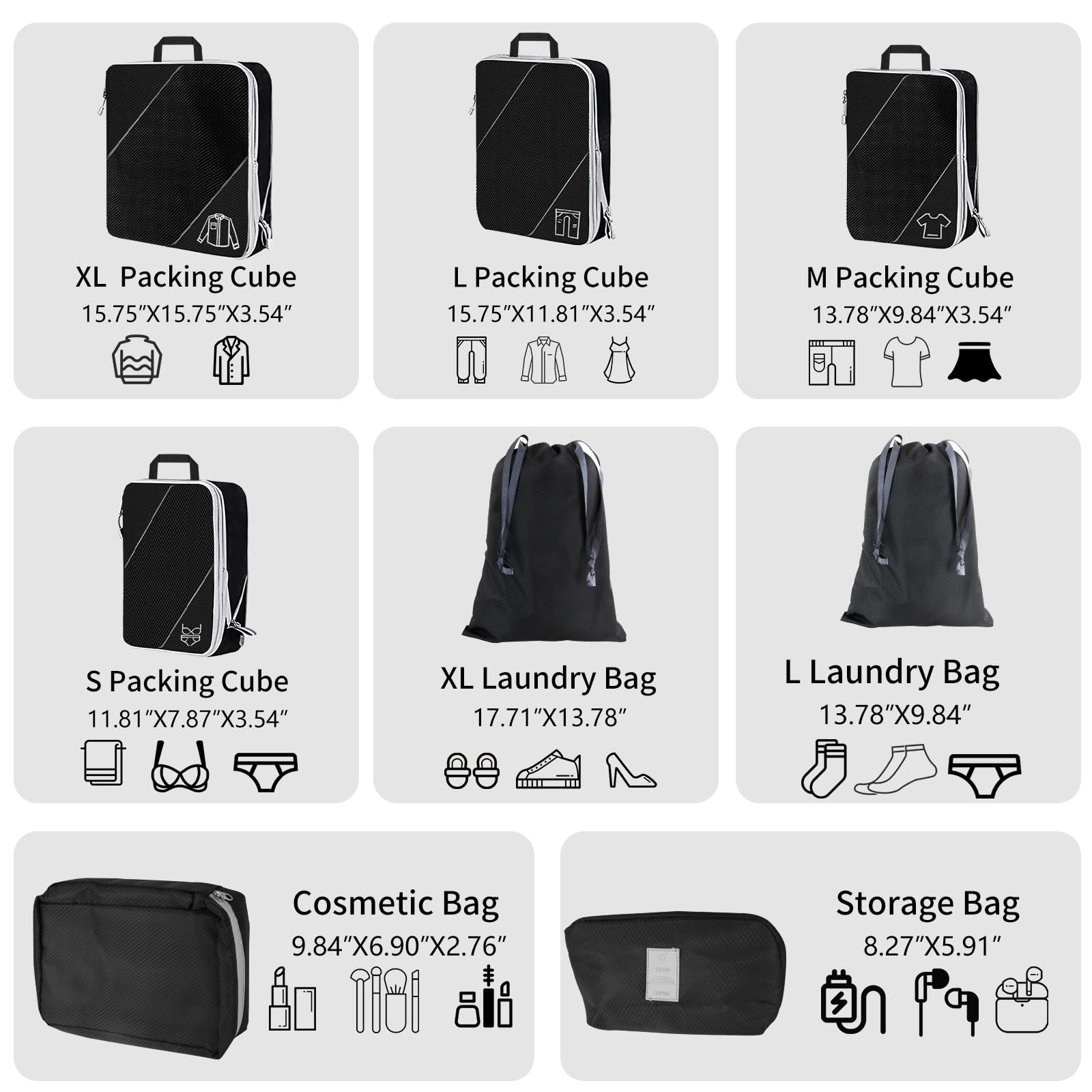 SINZUX 6 PCS Compression Packing Cubes, Black Extensible Ultralight Packing Cubes for Suitcases, Suitcase Organiser Bags Set, Travel Cubes Organiser Bags for Backpack Luggage