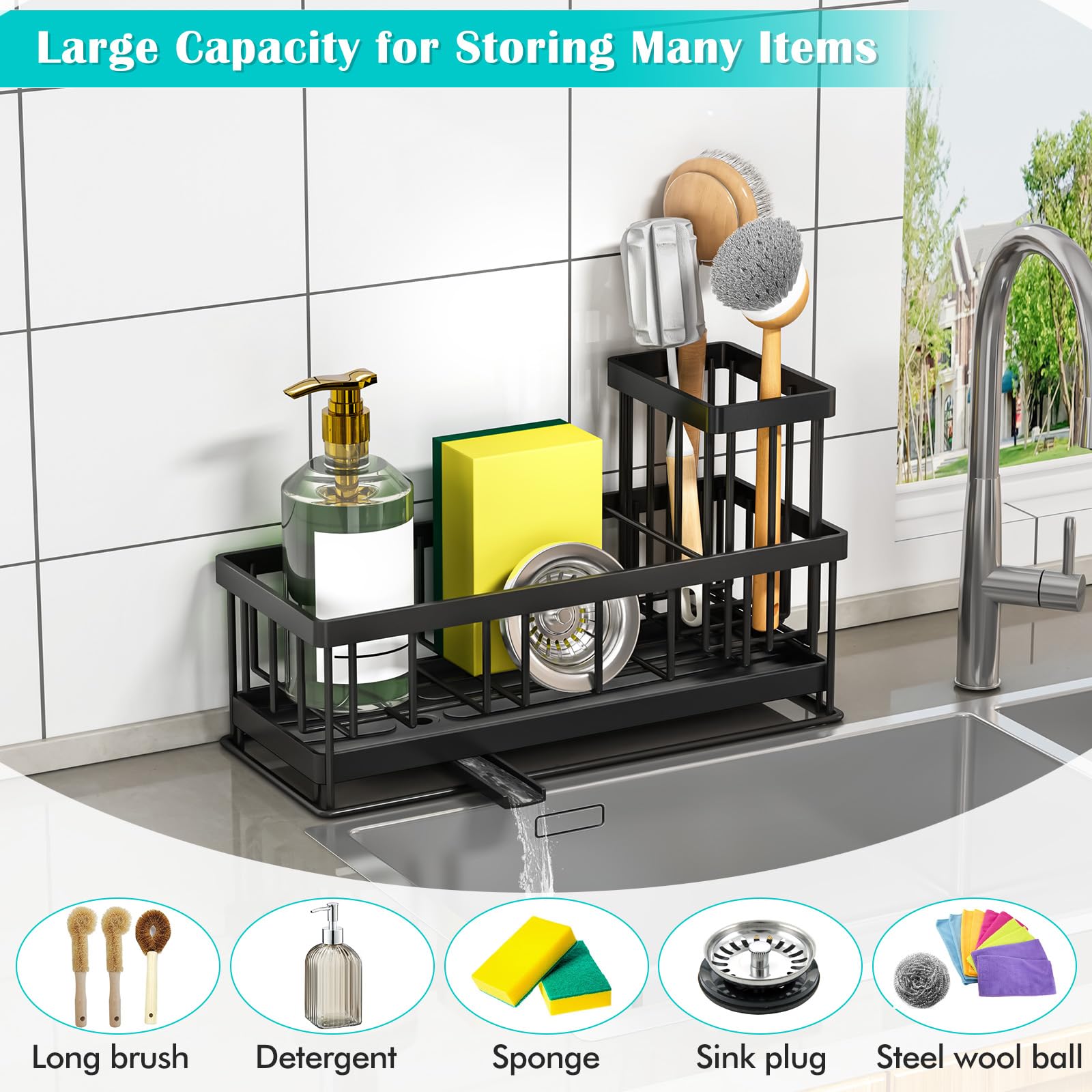TidyTrove Kitchen Sink Caddy - Sink Tidy Organizer with Removable Sponge Holder Brush Holder, Self-Draining Tray for Countertop Kitchen Storage Organisation (Black)