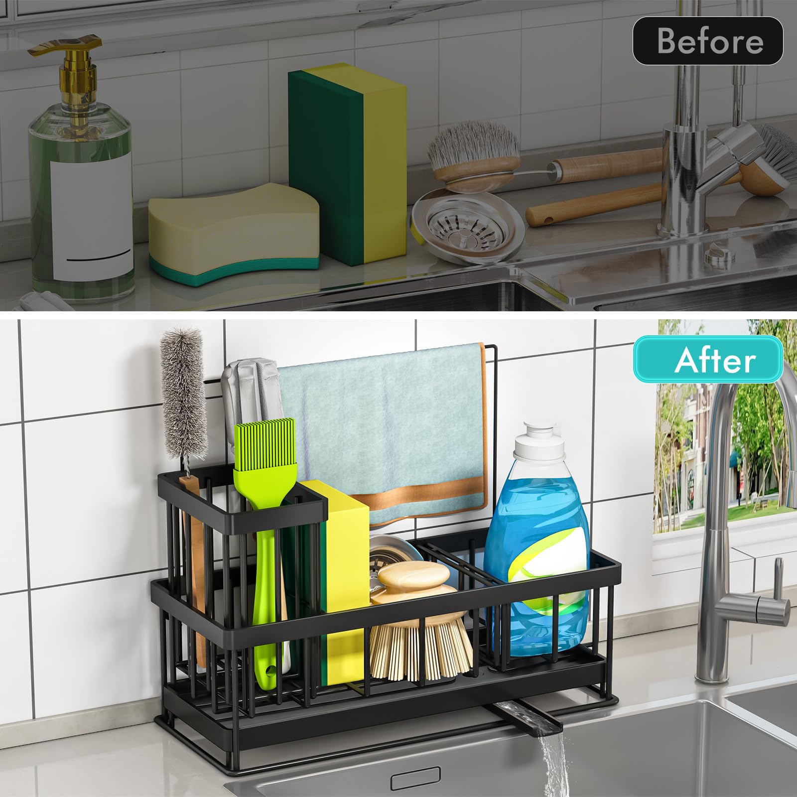 TidyTrove Kitchen Sink Caddy - Sink Tidy Organizer with Removable Sponge Holder Brush Holder, Self-Draining Tray for Countertop Kitchen Storage Organisation (Black)