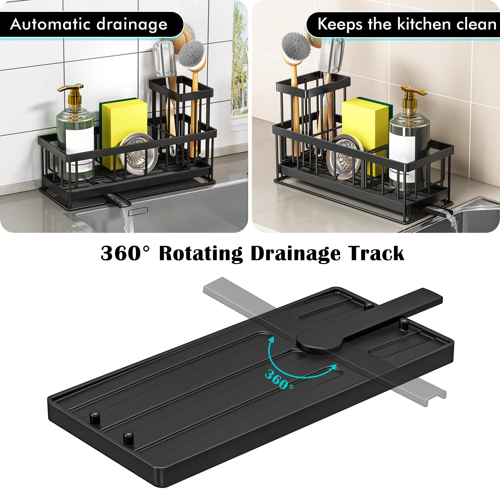 TidyTrove Kitchen Sink Caddy - Sink Tidy Organizer with Removable Sponge Holder Brush Holder, Self-Draining Tray for Countertop Kitchen Storage Organisation (Black)