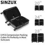 SINZUX 6 PCS Compression Packing Cubes, Black Extensible Ultralight Packing Cubes for Suitcases, Suitcase Organiser Bags Set, Travel Cubes Organiser Bags for Backpack Luggage