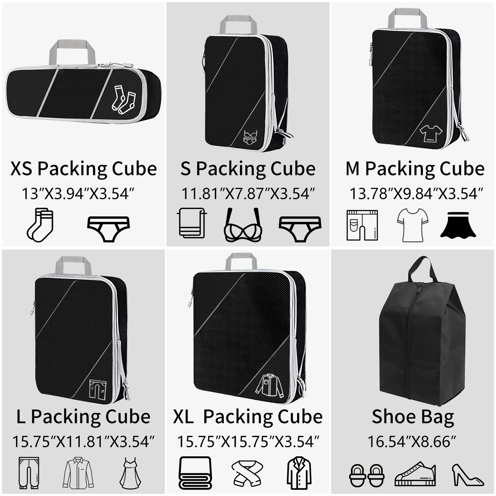 SINZUX 6 PCS Compression Packing Cubes, Black Extensible Ultralight Packing Cubes for Suitcases, Suitcase Organiser Bags Set, Travel Cubes Organiser Bags for Backpack Luggage