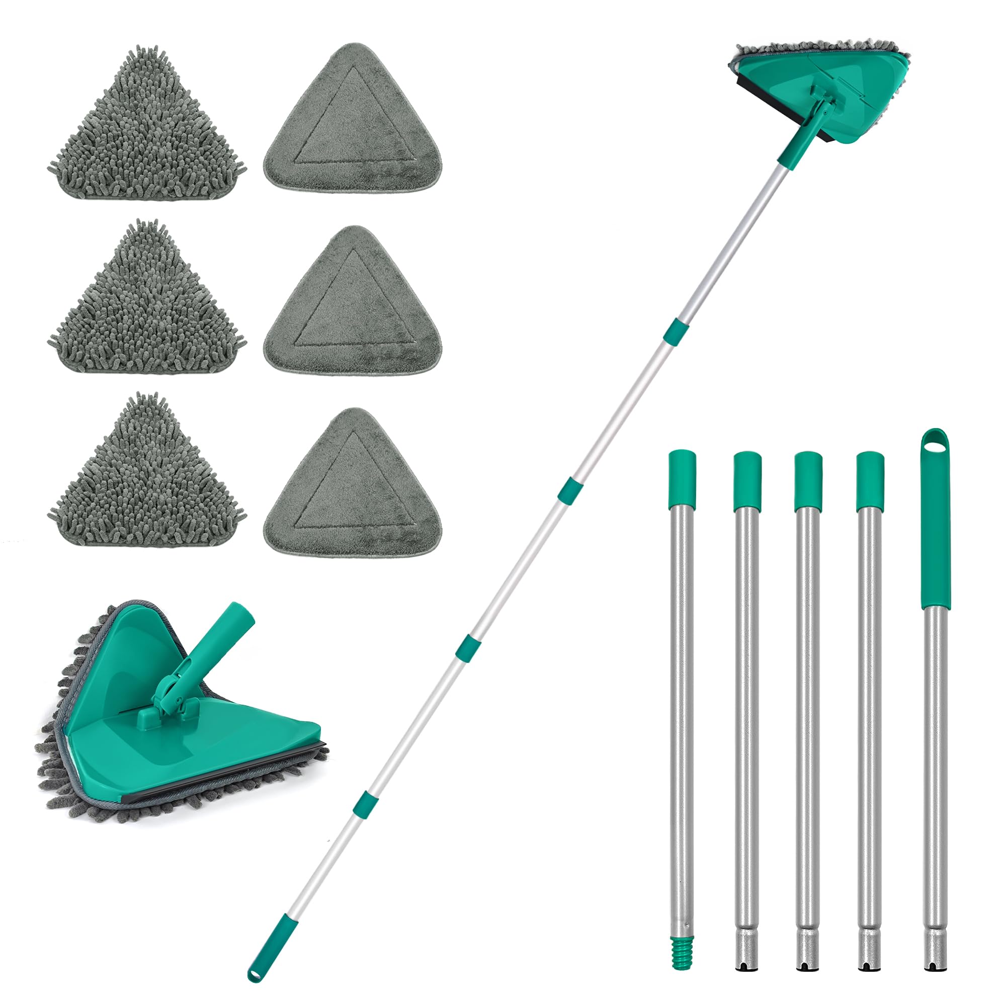 JEHONN Wall Mop with Long Handle 202 cm, Upgraded 180° Collapsible Baseboard Cleaner Tool with Squeegee, Ceiling Duster with 3 Microfiber and 3 Chenille Pads for Cleaning Window, Cabinet (Yellow)