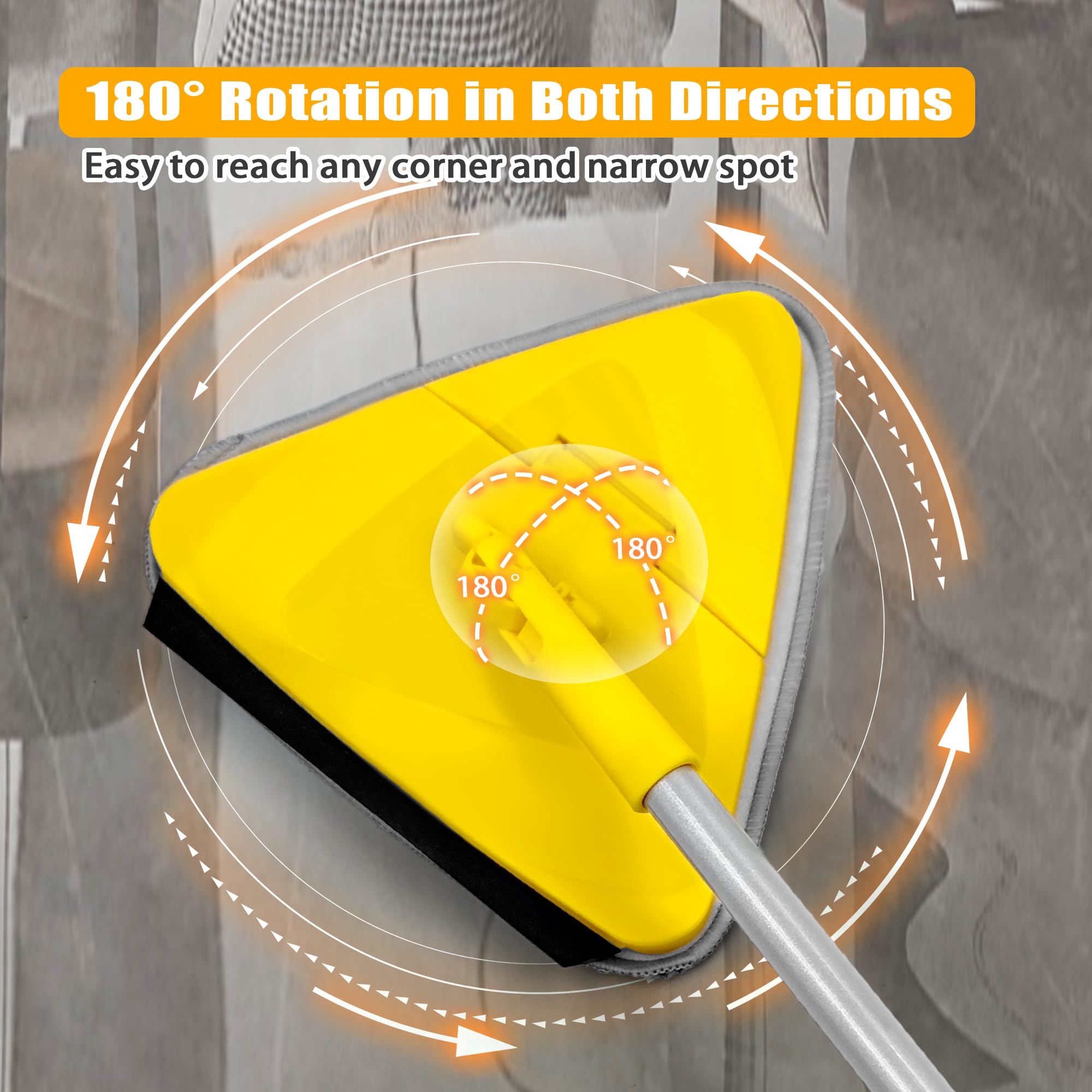 JEHONN Wall Mop with Long Handle 202 cm, Upgraded 180° Collapsible Baseboard Cleaner Tool with Squeegee, Ceiling Duster with 3 Microfiber and 3 Chenille Pads for Cleaning Window, Cabinet (Yellow)