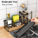 TidyTrove Kitchen Sink Caddy - Sink Tidy Organizer with Removable Sponge Holder Brush Holder, Self-Draining Tray for Countertop Kitchen Storage Organisation (Black)