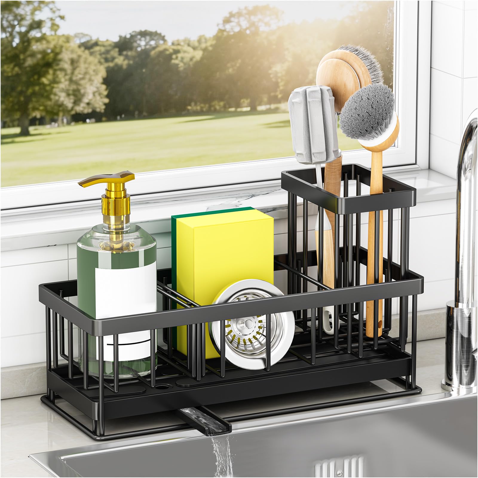 TidyTrove Kitchen Sink Caddy - Sink Tidy Organizer with Removable Sponge Holder Brush Holder, Self-Draining Tray for Countertop Kitchen Storage Organisation (Black)