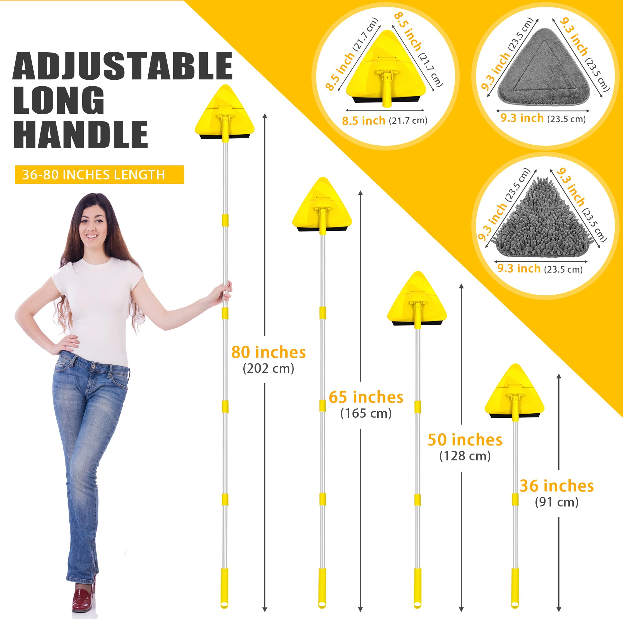 JEHONN Wall Mop with Long Handle 202 cm, Upgraded 180° Collapsible Baseboard Cleaner Tool with Squeegee, Ceiling Duster with 3 Microfiber and 3 Chenille Pads for Cleaning Window, Cabinet (Yellow)