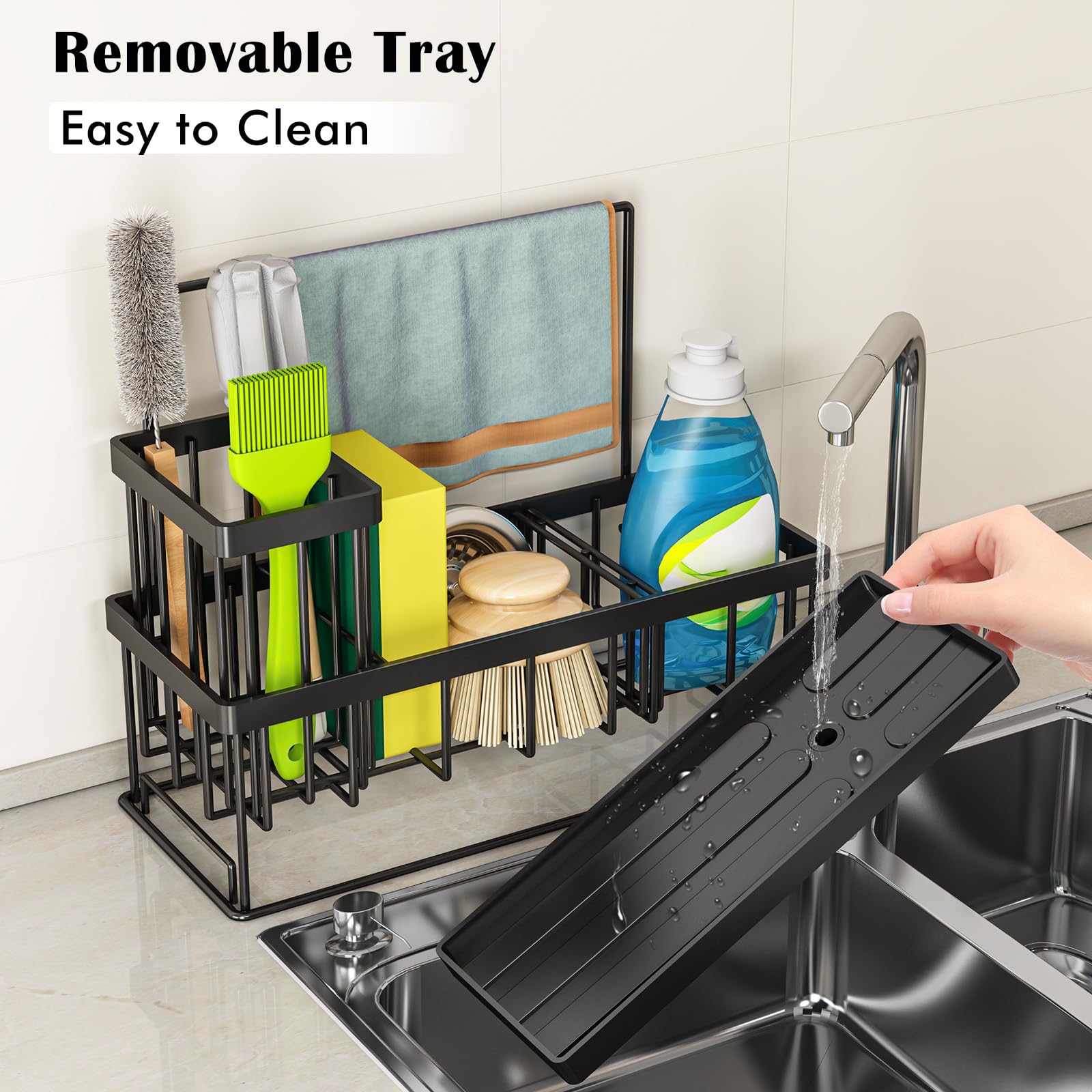 TidyTrove Kitchen Sink Caddy - Sink Tidy Organizer with Removable Sponge Holder Brush Holder, Self-Draining Tray for Countertop Kitchen Storage Organisation (Black)