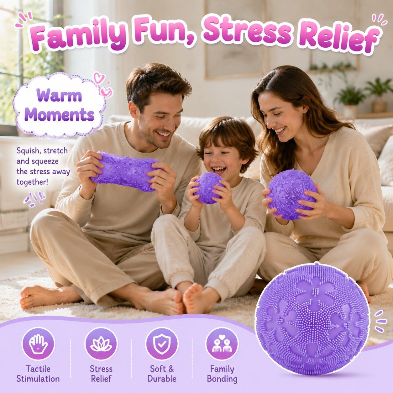 Fuzz Ball Fidget Stress Toy, Squishies Stress Balls, Fuzzball Sensory Ball with Spiky Texture, Squishy Fidget Toys, Adults Anxiety Relief Toys, Portable Fidget Toy for Office, School, Home(purple)