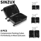 SINZUX 6 PCS Compression Packing Cubes, Black Extensible Ultralight Packing Cubes for Suitcases, Suitcase Organiser Bags Set, Travel Cubes Organiser Bags for Backpack Luggage