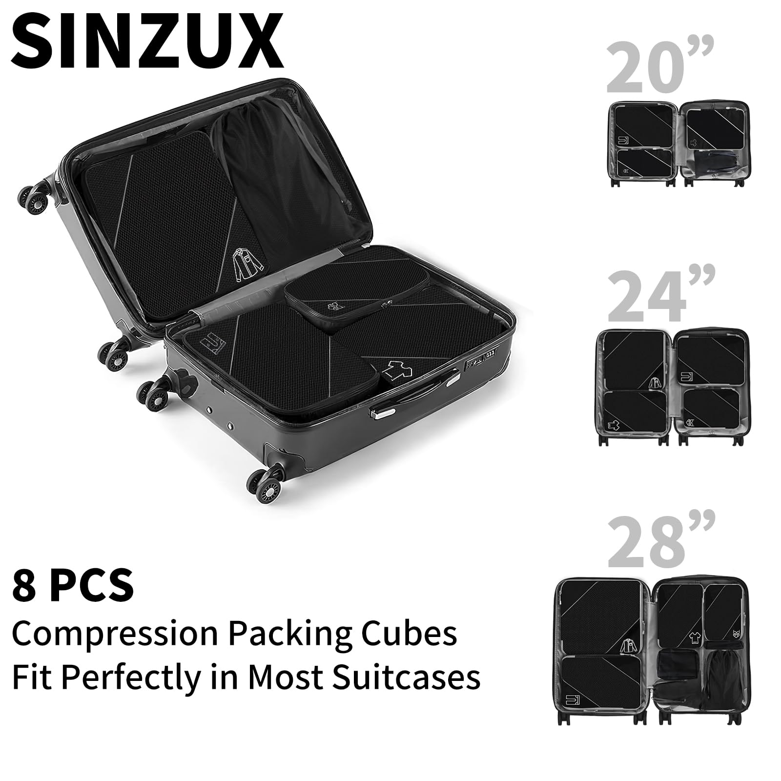 SINZUX 6 PCS Compression Packing Cubes, Black Extensible Ultralight Packing Cubes for Suitcases, Suitcase Organiser Bags Set, Travel Cubes Organiser Bags for Backpack Luggage