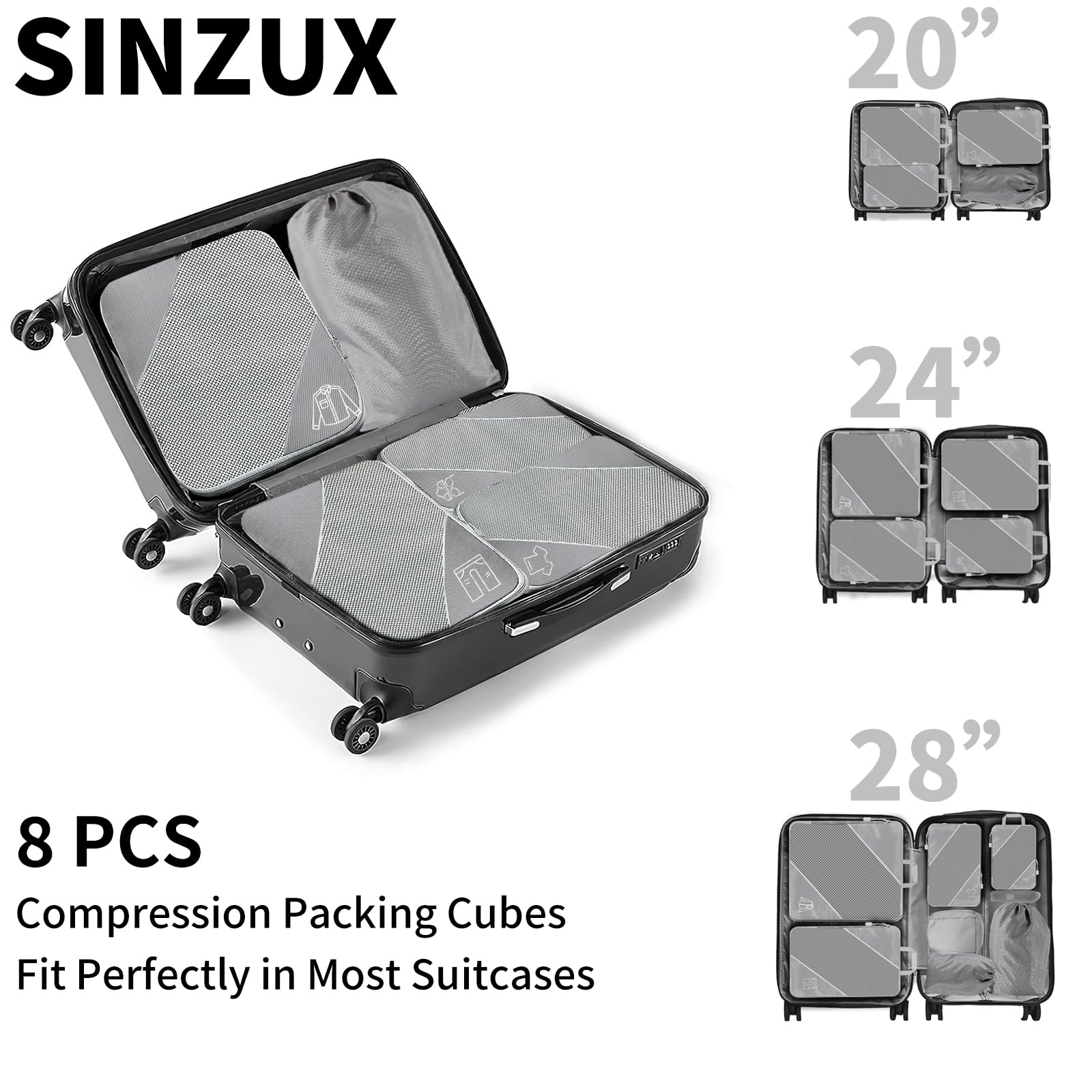 SINZUX 6 PCS Compression Packing Cubes, Black Extensible Ultralight Packing Cubes for Suitcases, Suitcase Organiser Bags Set, Travel Cubes Organiser Bags for Backpack Luggage