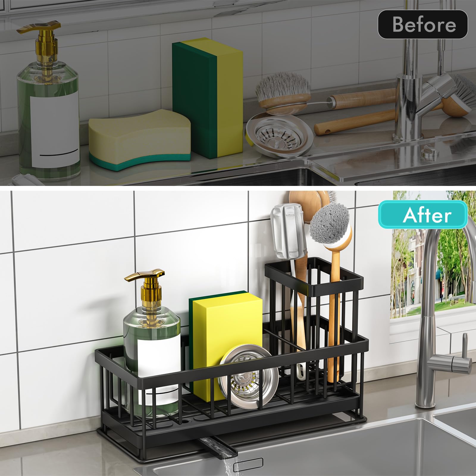 TidyTrove Kitchen Sink Caddy - Sink Tidy Organizer with Removable Sponge Holder Brush Holder, Self-Draining Tray for Countertop Kitchen Storage Organisation (Black)