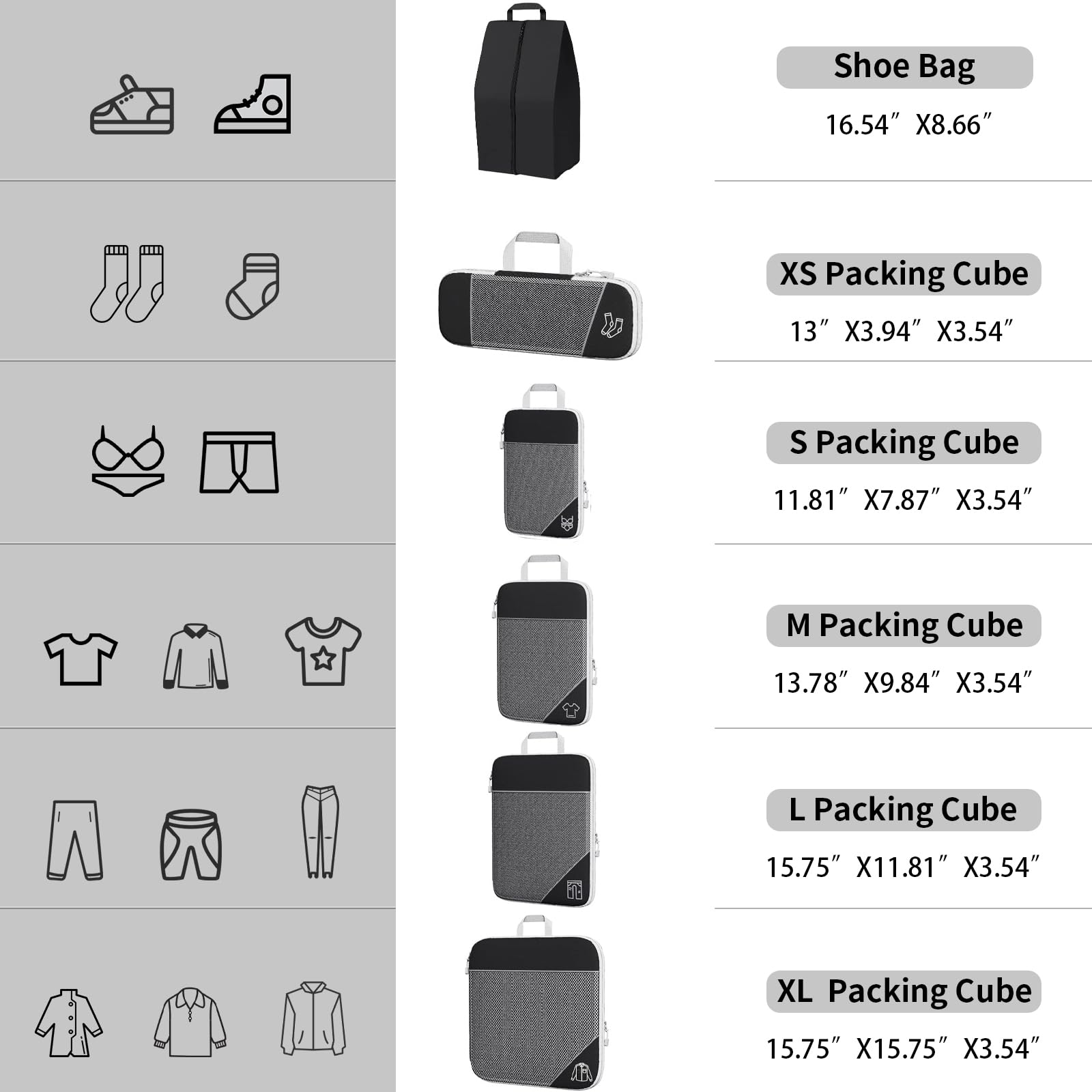 SINZUX 6 PCS Compression Packing Cubes, Black Extensible Ultralight Packing Cubes for Suitcases, Suitcase Organiser Bags Set, Travel Cubes Organiser Bags for Backpack Luggage