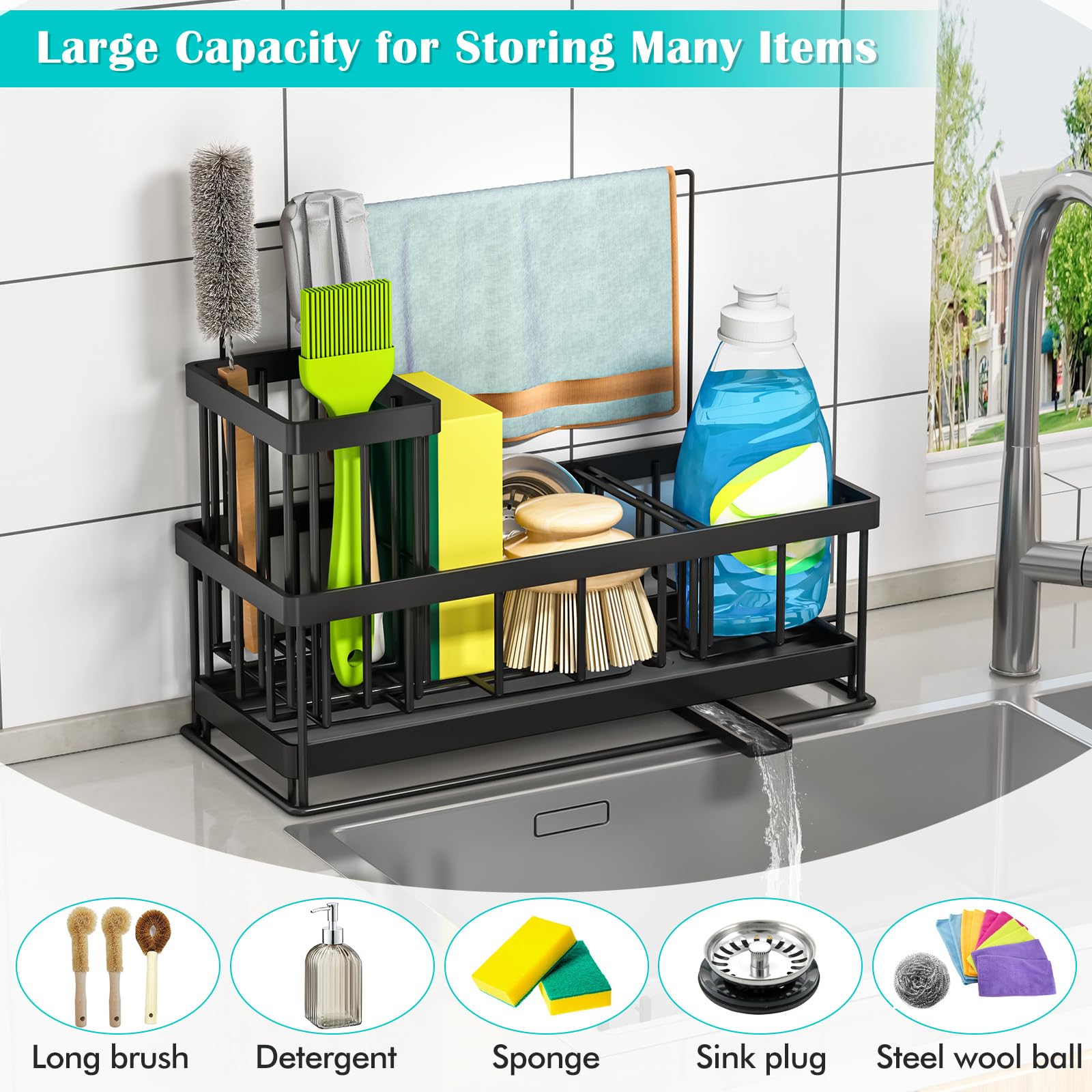 TidyTrove Kitchen Sink Caddy - Sink Tidy Organizer with Removable Sponge Holder Brush Holder, Self-Draining Tray for Countertop Kitchen Storage Organisation (Black)