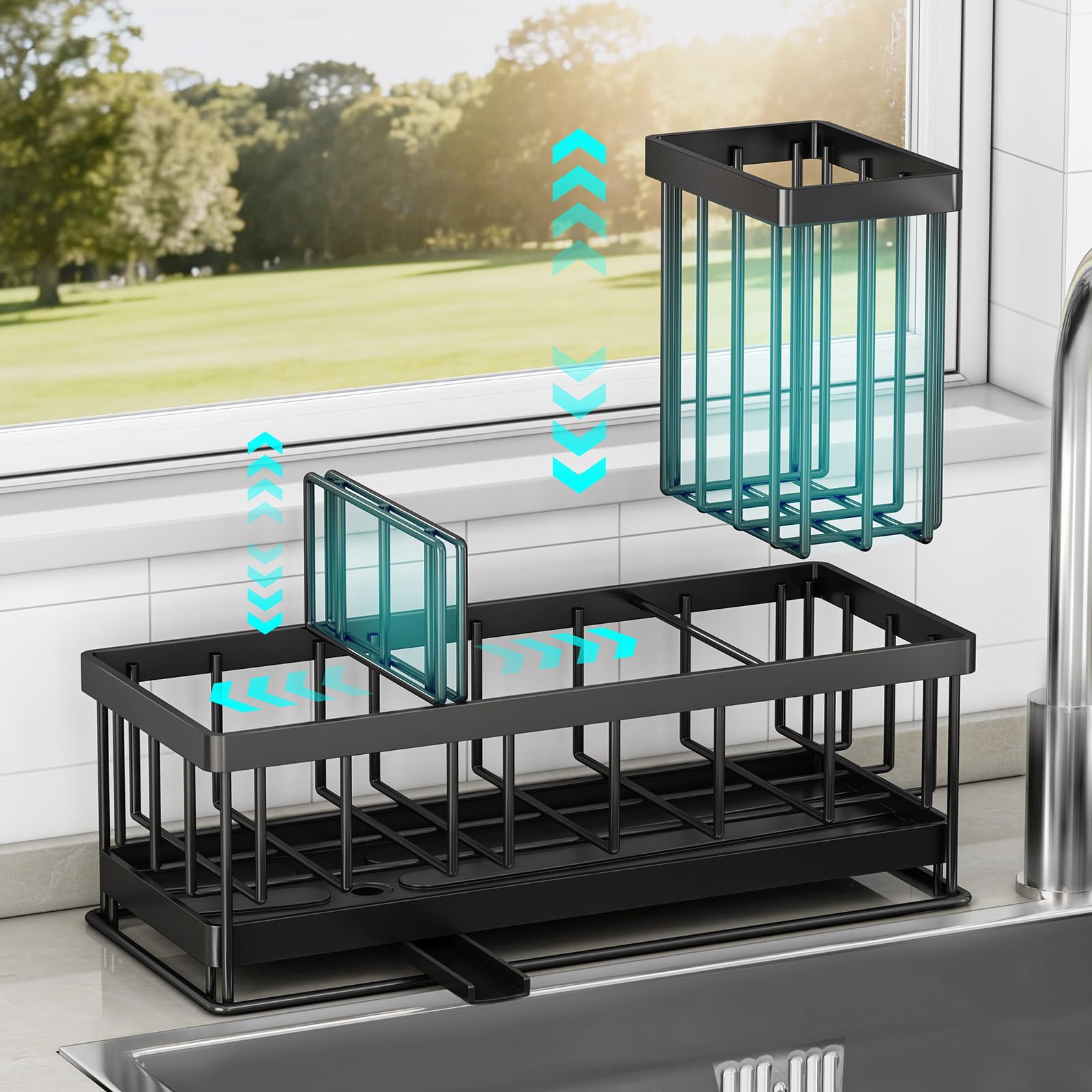 TidyTrove Kitchen Sink Caddy - Sink Tidy Organizer with Removable Sponge Holder Brush Holder, Self-Draining Tray for Countertop Kitchen Storage Organisation (Black)