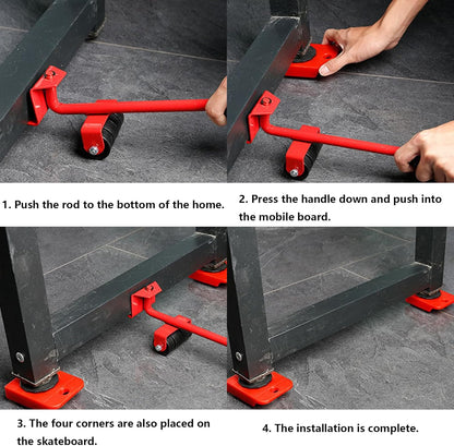 5PCS Furniture Movers Set – Heavy Duty 150KG Lifter with Wheels & Crowbar