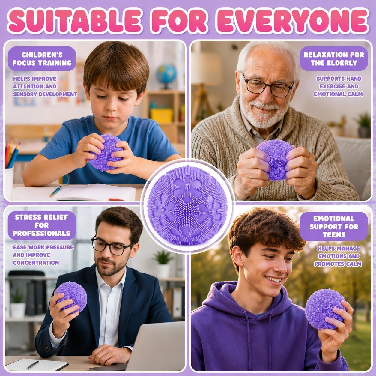 Fuzz Ball Fidget Stress Toy, Squishies Stress Balls, Fuzzball Sensory Ball with Spiky Texture, Squishy Fidget Toys, Adults Anxiety Relief Toys, Portable Fidget Toy for Office, School, Home(purple)