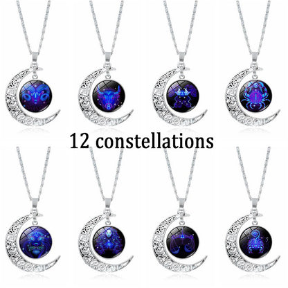 12 Constellation Zodiac Sign Moon Glass Necklace