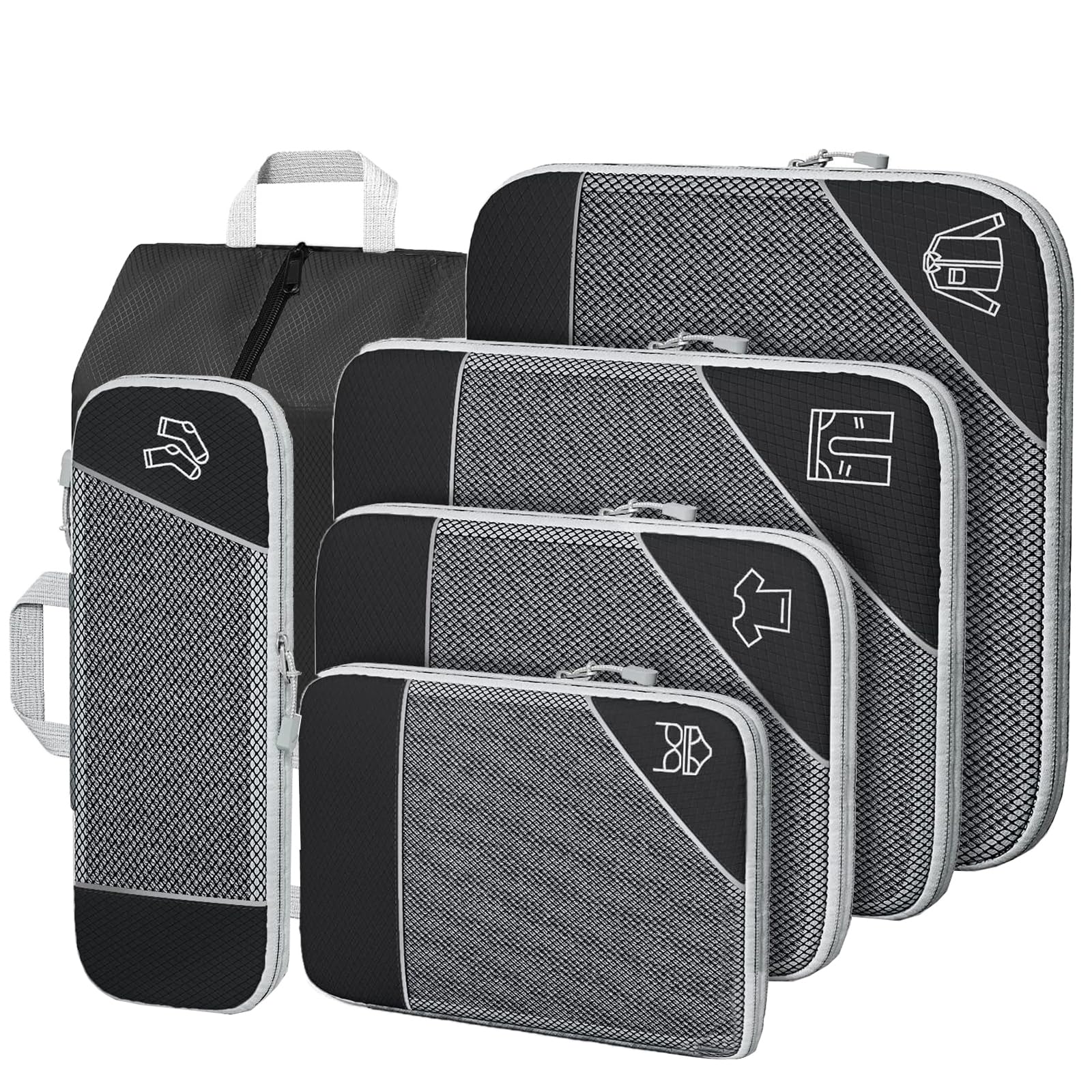 SINZUX 6 PCS Compression Packing Cubes, Black Extensible Ultralight Packing Cubes for Suitcases, Suitcase Organiser Bags Set, Travel Cubes Organiser Bags for Backpack Luggage