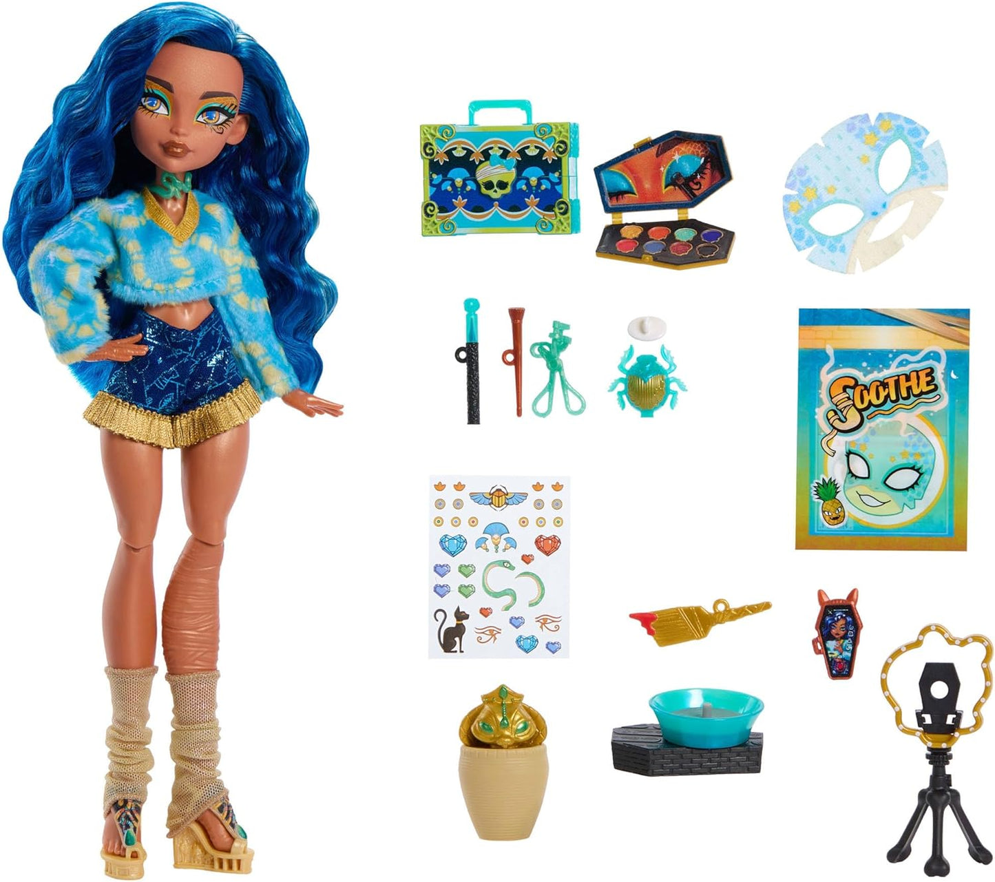 Monster High Self-Scare Secrets Cleo De Nile Doll and Accessories Set with 13 Realistic Surprises like Pottery Set and Makeup, JMG74
