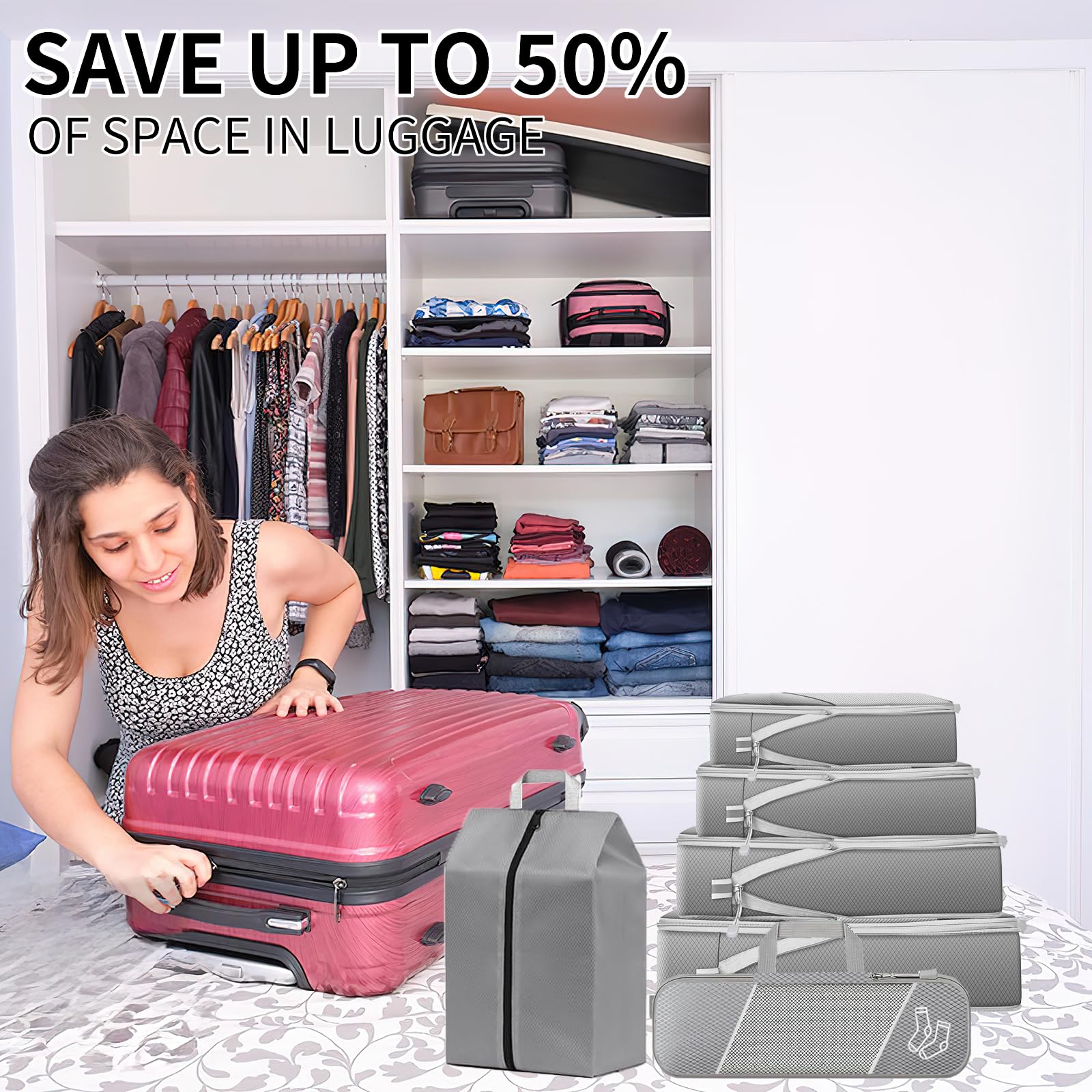 SINZUX 6 PCS Compression Packing Cubes, Black Extensible Ultralight Packing Cubes for Suitcases, Suitcase Organiser Bags Set, Travel Cubes Organiser Bags for Backpack Luggage