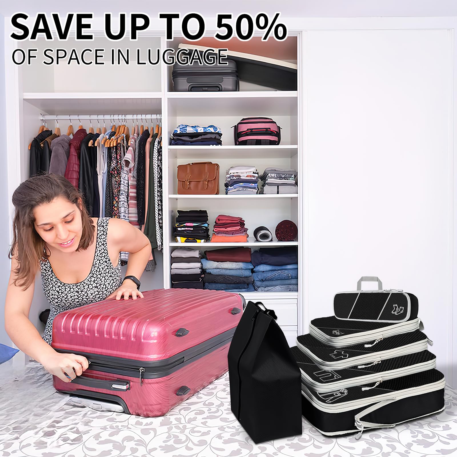 SINZUX 6 PCS Compression Packing Cubes, Black Extensible Ultralight Packing Cubes for Suitcases, Suitcase Organiser Bags Set, Travel Cubes Organiser Bags for Backpack Luggage