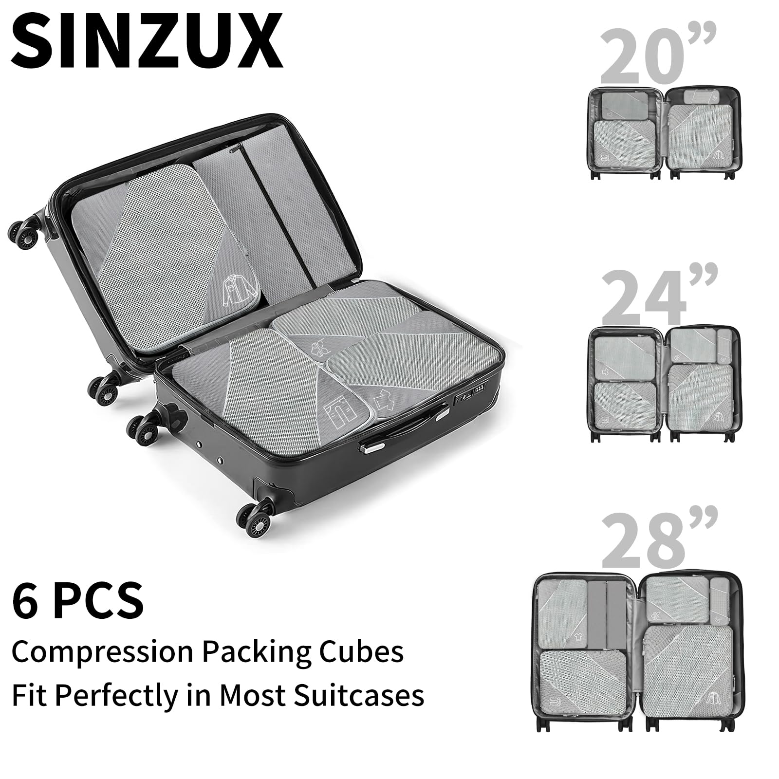 SINZUX 6 PCS Compression Packing Cubes, Black Extensible Ultralight Packing Cubes for Suitcases, Suitcase Organiser Bags Set, Travel Cubes Organiser Bags for Backpack Luggage