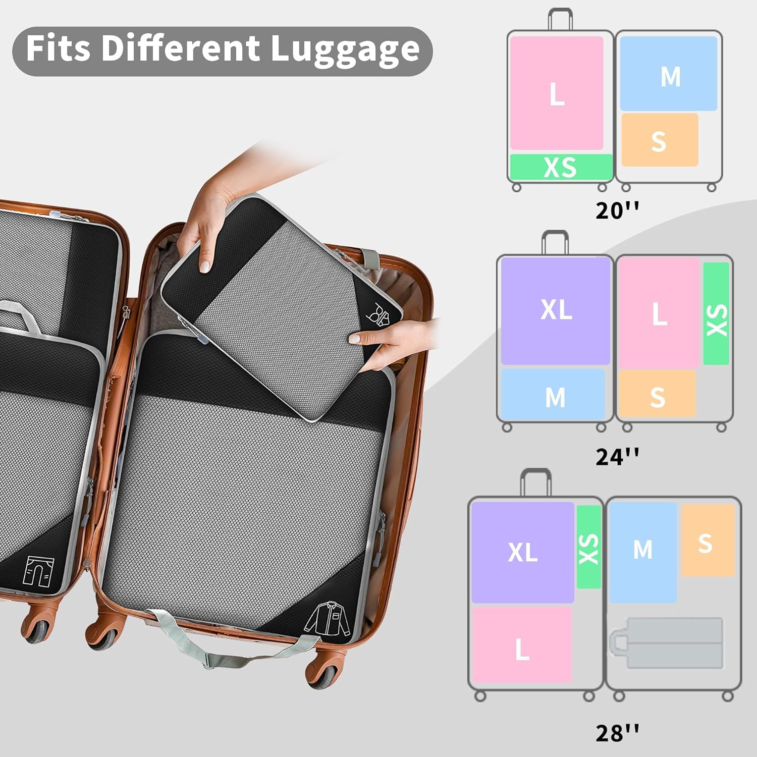 SINZUX 6 PCS Compression Packing Cubes, Black Extensible Ultralight Packing Cubes for Suitcases, Suitcase Organiser Bags Set, Travel Cubes Organiser Bags for Backpack Luggage