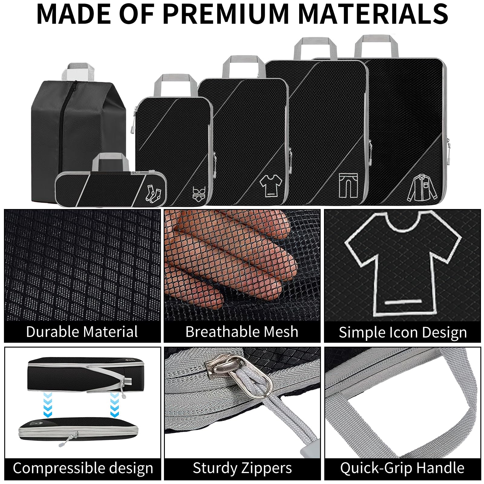 SINZUX 6 PCS Compression Packing Cubes, Black Extensible Ultralight Packing Cubes for Suitcases, Suitcase Organiser Bags Set, Travel Cubes Organiser Bags for Backpack Luggage