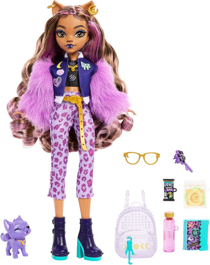 Monster High Clawdeen Wolf Doll with Pet Dog Crescent and Accessories like Backpack, Planner, Snacks and More, HRP65