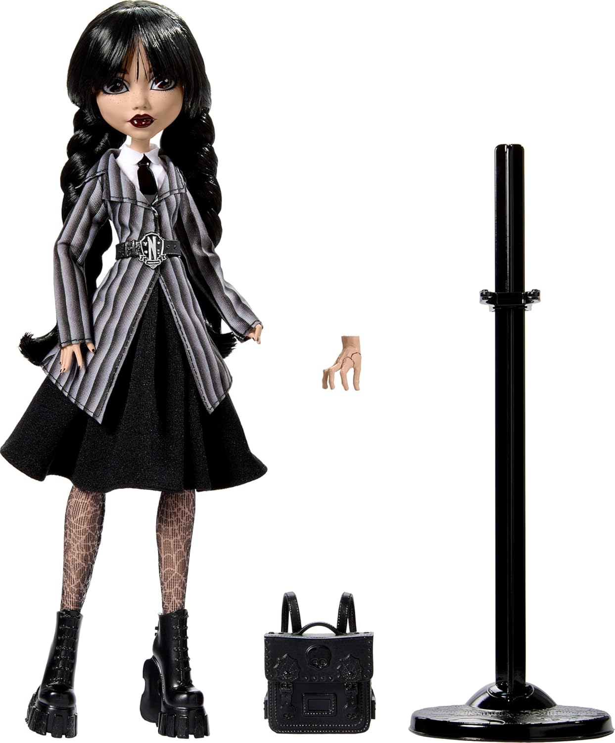 Monster High Wednesday Doll and Accessories, Wednesday Addams Collectible in Nevermore Academy Uniform with Thing and Backpack, Doll Stand, HXJ04