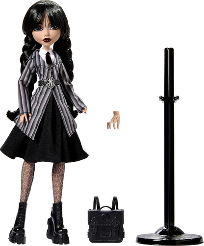 Monster High Wednesday Doll and Accessories, Wednesday Addams Collectible in Nevermore Academy Uniform with Thing and Backpack, Doll Stand, HXJ04