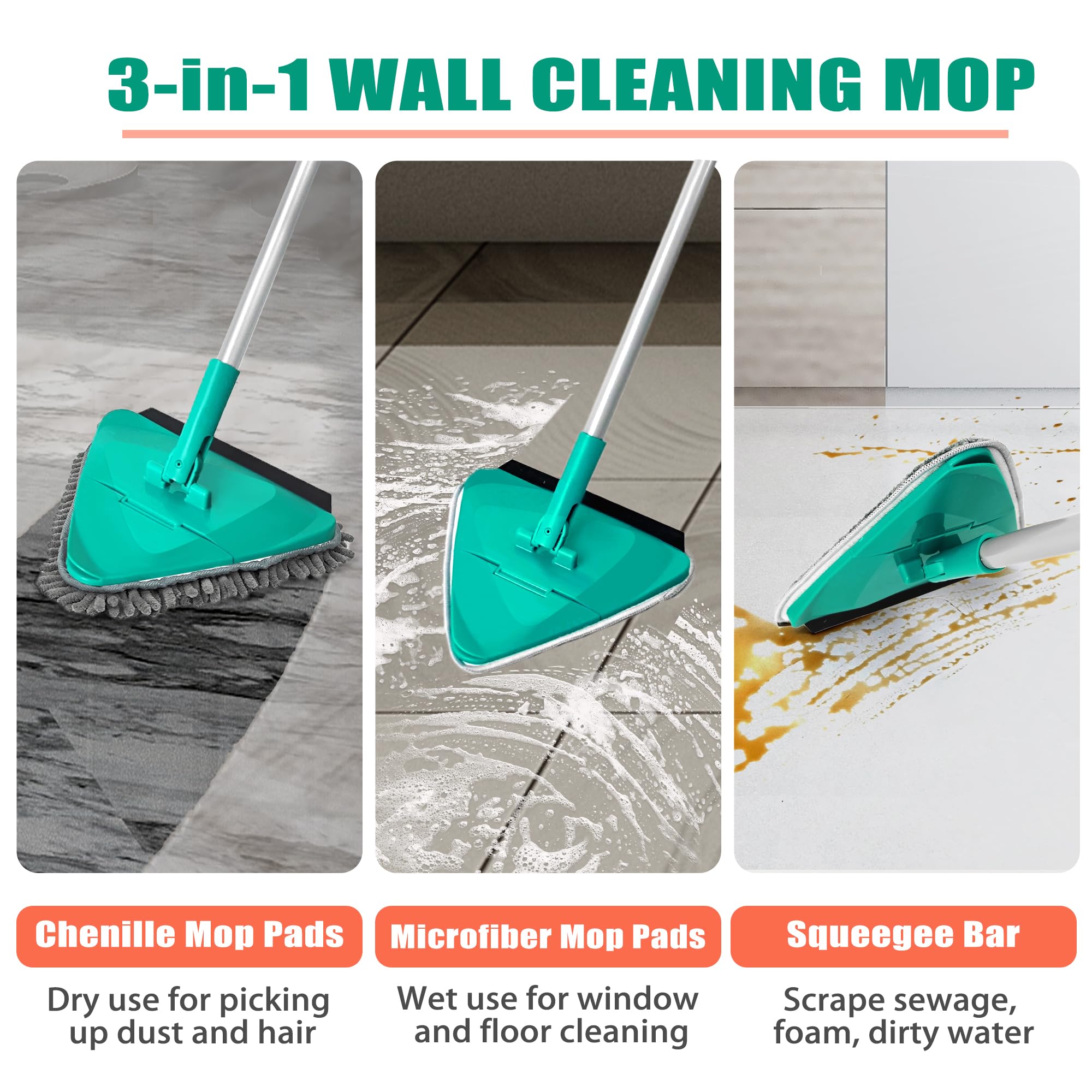 JEHONN Wall Mop with Long Handle 202 cm, Upgraded 180° Collapsible Baseboard Cleaner Tool with Squeegee, Ceiling Duster with 3 Microfiber and 3 Chenille Pads for Cleaning Window, Cabinet (Yellow)