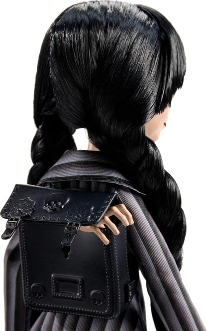 Monster High Wednesday Doll and Accessories, Wednesday Addams Collectible in Nevermore Academy Uniform with Thing and Backpack, Doll Stand, HXJ04