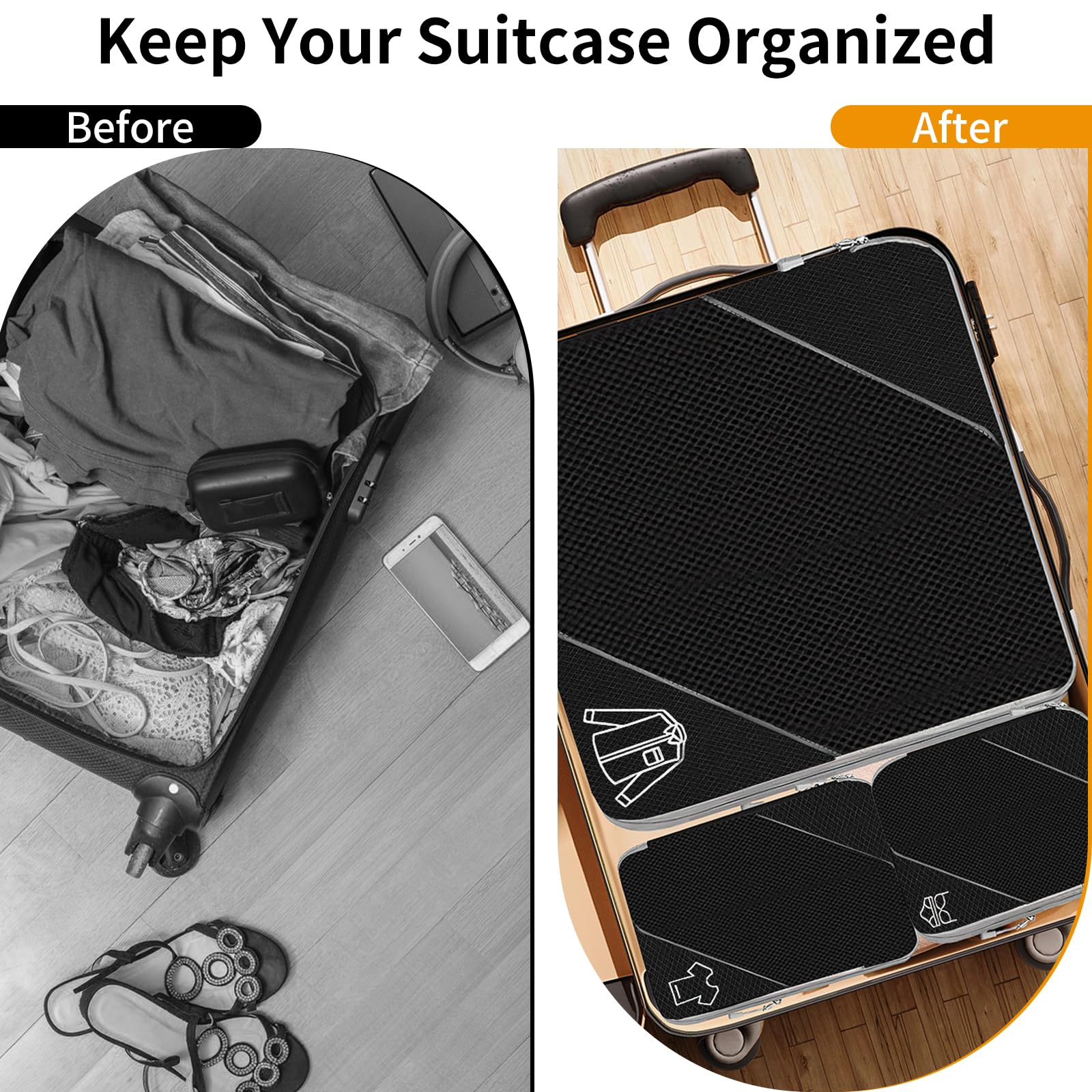 SINZUX 6 PCS Compression Packing Cubes, Black Extensible Ultralight Packing Cubes for Suitcases, Suitcase Organiser Bags Set, Travel Cubes Organiser Bags for Backpack Luggage