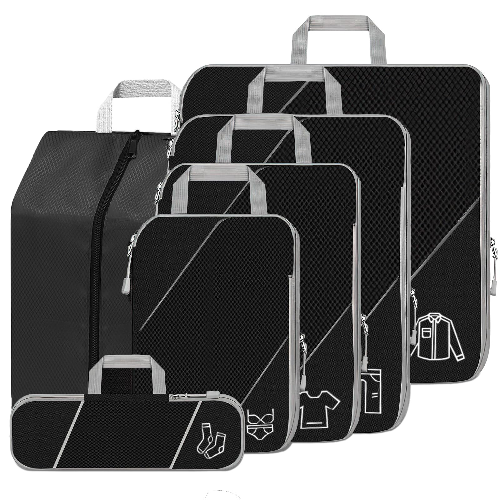SINZUX 6 PCS Compression Packing Cubes, Black Extensible Ultralight Packing Cubes for Suitcases, Suitcase Organiser Bags Set, Travel Cubes Organiser Bags for Backpack Luggage