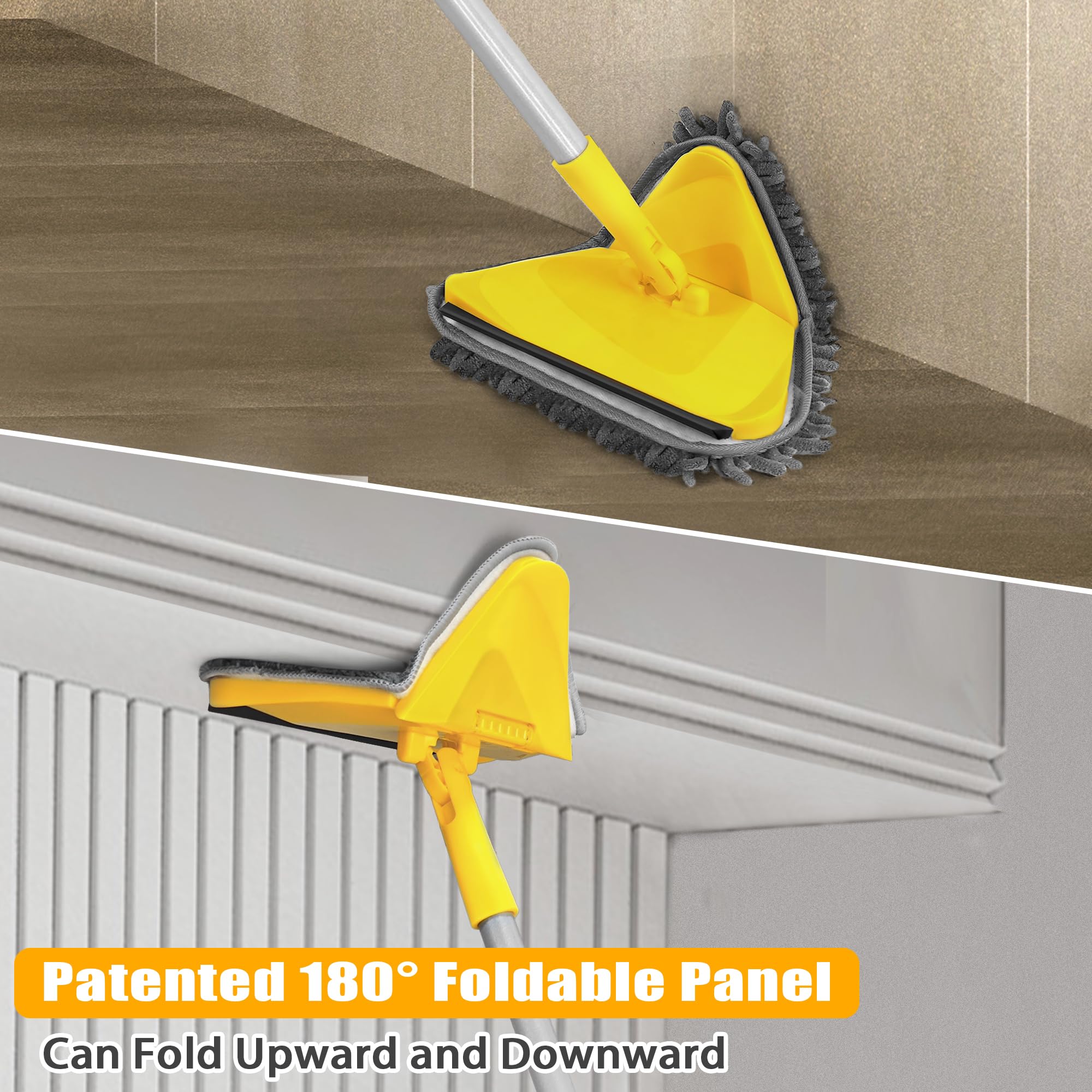 JEHONN Wall Mop with Long Handle 202 cm, Upgraded 180° Collapsible Baseboard Cleaner Tool with Squeegee, Ceiling Duster with 3 Microfiber and 3 Chenille Pads for Cleaning Window, Cabinet (Yellow)