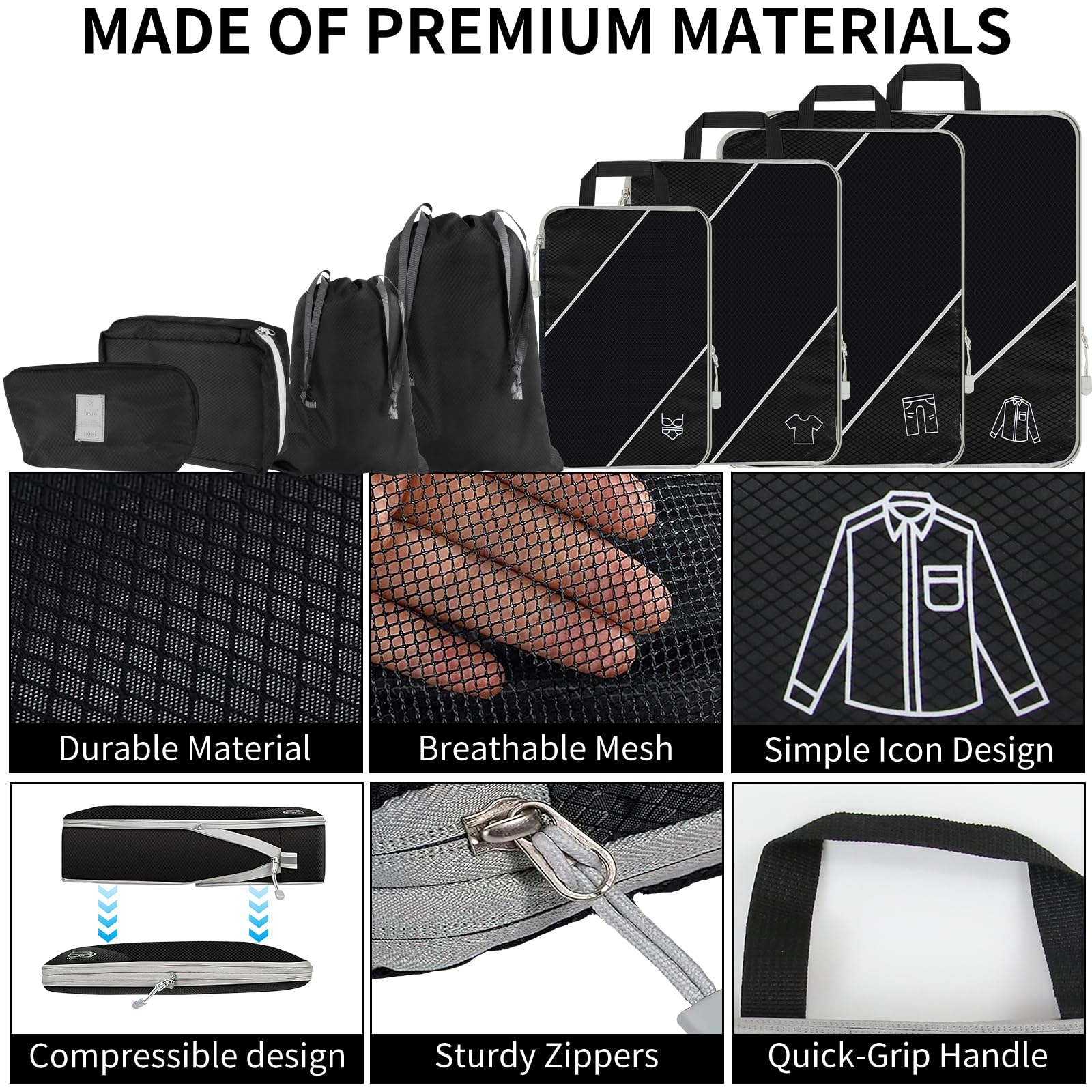 SINZUX 6 PCS Compression Packing Cubes, Black Extensible Ultralight Packing Cubes for Suitcases, Suitcase Organiser Bags Set, Travel Cubes Organiser Bags for Backpack Luggage